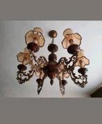 Mooie zes armige hang lamp uitgevoerd in notenhout en brons., Huis en Inrichting, Lampen | Kroonluchters, Ophalen of Verzenden