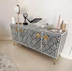 Bone Inlay Dressoir / Kast handgemaakt – Zwart / Wit / Goud, Ophalen, Met deur(en), Metaal, 100 tot 150 cm