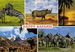 Happy Safaris - 5 afb o.a. neushoorn, zebra - gelopen, Verzamelen, Ansichtkaarten | Dieren, Paard, Gelopen, Ophalen of Verzenden