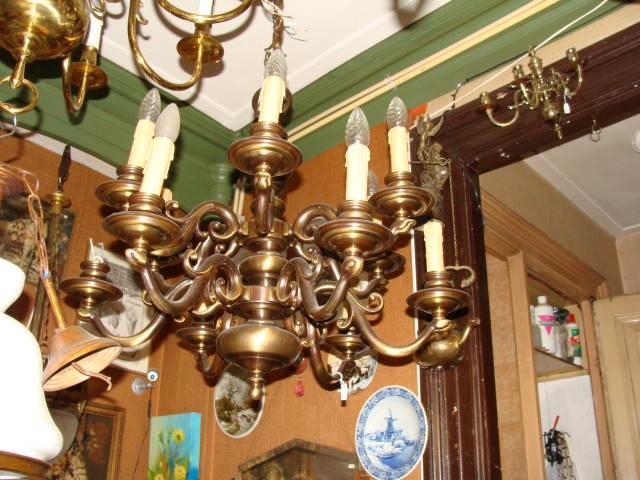 Kroonluchter bronskleurig 12 lichtpunten, Huis en Inrichting, Lampen | Kroonluchters, Gebruikt, Overige materialen, Ophalen