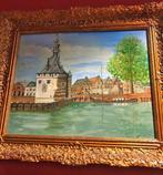 Oud schilderij ; het dorp, haven met barok lijst antiek, Ophalen of Verzenden