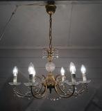 vintage hollywood Kroonluchter kristal prisma kaars messing., Ophalen, Glas, Gebruikt, Vintage hollywood regency mid century