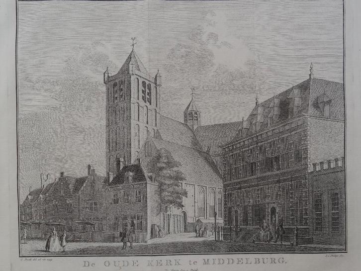 gravure de oude kerk te Middelburg, Pronk 1743, uitg Tirion, Antiek en Kunst, Kunst | Etsen en Gravures, Verzenden