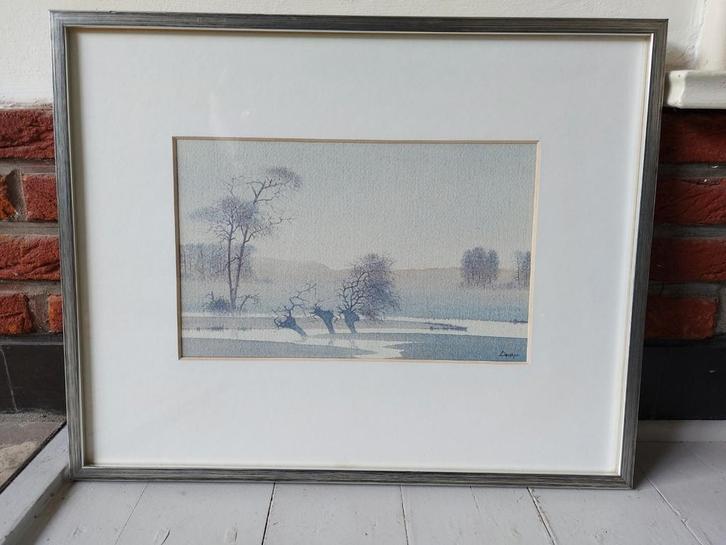 Ingelijste aquarel Denkor (A.J Kooter) mistig landschap, Antiek en Kunst, Kunst | Schilderijen | Klassiek, Ophalen of Verzenden