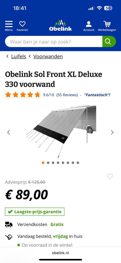 Obelink Sol Front XL Deluxe 330 voorwand, Caravans en Kamperen, Tentaccessoires, Zo goed als nieuw, Ophalen of Verzenden