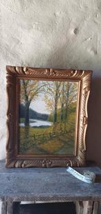 oud frans mini schilderijtje landschap bos olieverf op doek, Ophalen of Verzenden