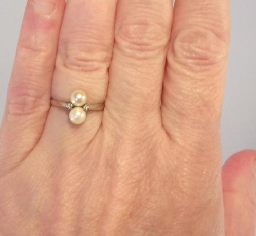 14K witgouden ring met Akoya Parels & Diamanten, Sieraden, Tassen en Uiterlijk, Antieke sieraden, Ring, Goud, Met edelsteen, Verzenden
