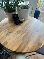 Ronde houten eettafel met zwarte metalen voet, Ophalen, 100 tot 150 cm, Rond, 50 tot 100 cm