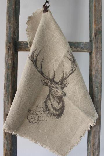 Stoere shabby linnen doek 45 x 45 cm.rendier*Pronck & Praal* beschikbaar voor biedingen