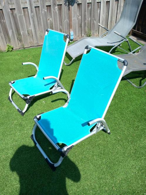 2 Aluminium opvouwbare strandstoelen Blauw., Caravans en Kamperen, Kampeermeubelen, Zo goed als nieuw, Campingstoel, Ophalen