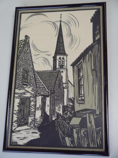 linoleumsnede / straatje in Zandvoort / Frans Bosen, Huis en Inrichting, Woonaccessoires | Schilderijen, Tekeningen en Foto's