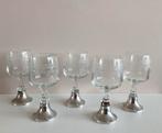 5 kleine geëtste borrelglaasjes op zilver voetje, Ophalen of Verzenden, Zo goed als nieuw, Borrel- of Shotglas