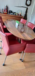 Massief notenhout eettafel met 6 leren stoelen, Huis en Inrichting, Complete eetkamers, 4 tot 6 stoelen, Ophalen of Verzenden