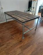 Houten eettafel met steigerbuis onderstel 200x100, Huis en Inrichting, Ophalen, Gebruikt, 200 cm of meer, 50 tot 100 cm