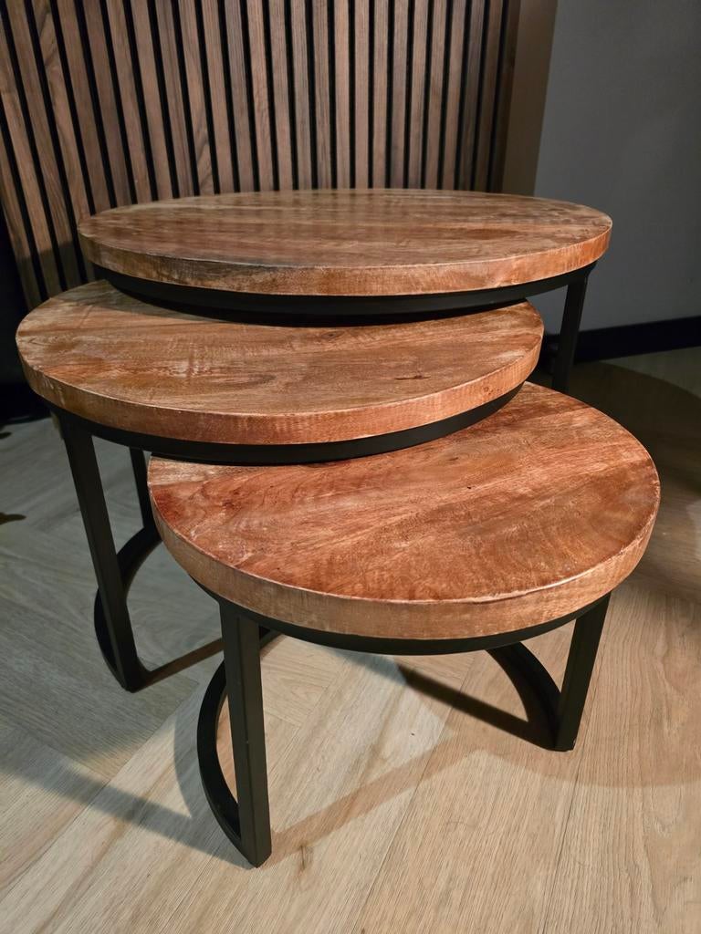 Mango Houten Set Tafeltjes, Minder dan 45 cm, Minder dan 55 cm, Rond, Ophalen of Verzenden