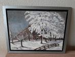 Olieverf schilderij winter landschap sneeuw boerderij bomen., Ophalen