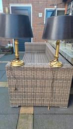 Twee mooie schemerlampen met leren kap, Gebruikt, Vintage, Ophalen of Verzenden, Stof