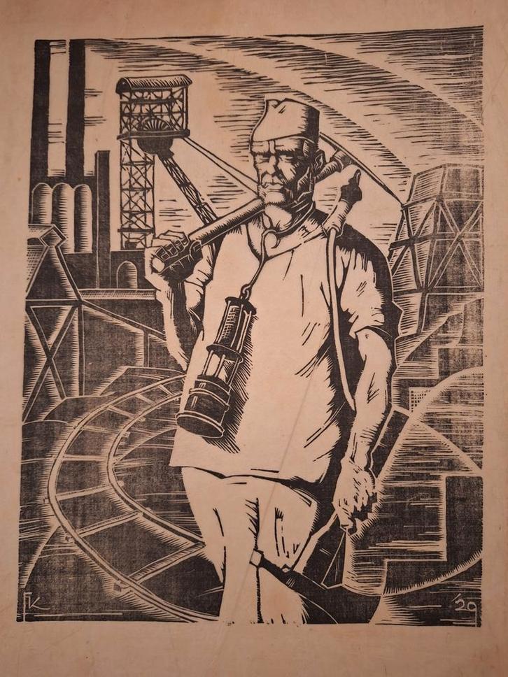 Houtsnede Mijnwerker, Antiek en Kunst, Kunst | Etsen en Gravures, Ophalen of Verzenden