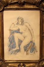 Aquarel met zittend Art Deco naakt, Antiek en Kunst, Kunst | Schilderijen | Klassiek, Ophalen of Verzenden