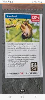 Apenheul voordeelbon voor 20% korting, Tickets en Kaartjes, Recreatie | Dierentuinen, Drie personen of meer, Kortingskaart