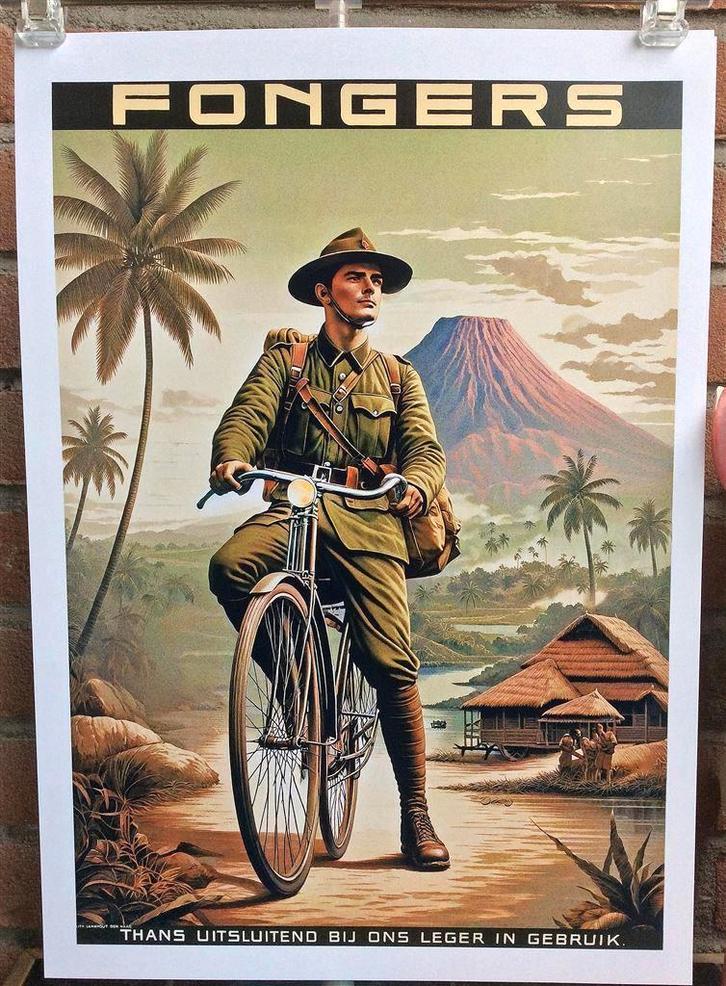 Uniek FONGERS Fiets Reclame KNIL Leger Affiche Poster, Verzamelen, Militaria | Algemeen, Landmacht, Foto of Poster, Nederland