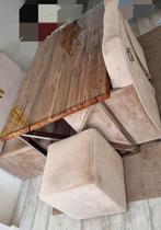 Glazen eettafel met sleeperwood onderstel, Ophalen of Verzenden, Gebruikt, Rechthoekig, 50 tot 100 cm