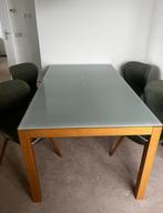 massief hout Glazen Eettafel, Ophalen, 50 tot 100 cm, Zo goed als nieuw, Vijf personen of meer