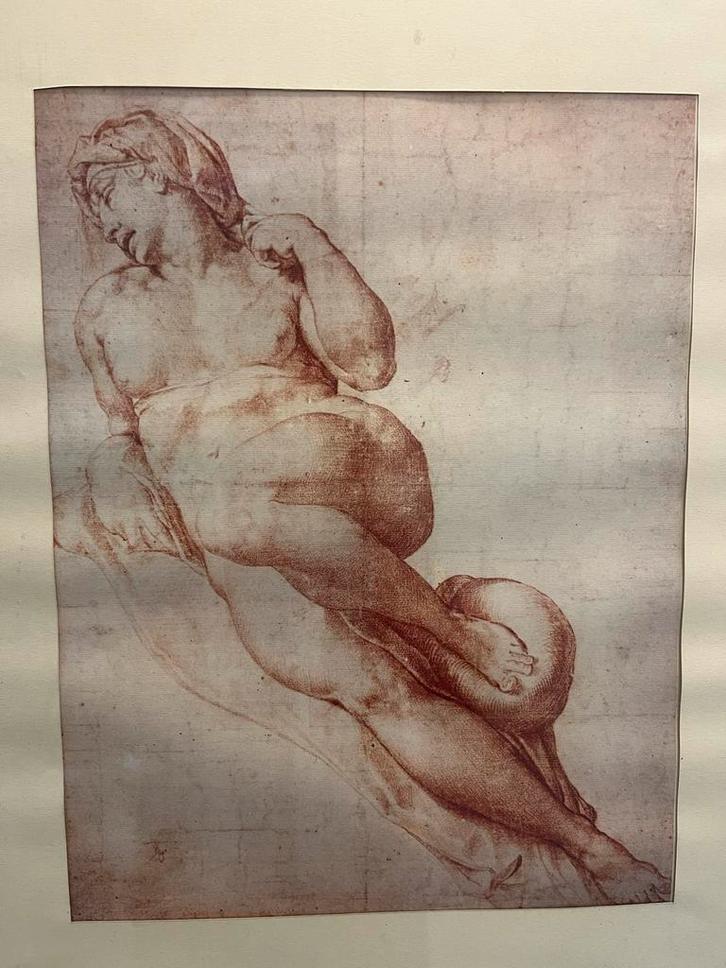 Michelangelo Voorstudie Print, Ingelijst 50x40cm. Aurora/Alb, Antiek en Kunst, Kunst | Tekeningen en Foto's, Ophalen of Verzenden