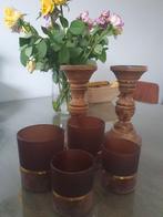 Hout kandelaren theelicht houder hout glas bruin goud ☘️, Nieuw, Ophalen of Verzenden, Bruin, Hout