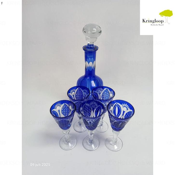 Vintage Blauw Kobalt Kristal Glazen Set Handgeslepen, Antiek en Kunst, Antiek | Glas en Kristal, Ophalen of Verzenden
