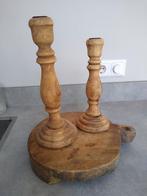 Oud Houten Plateau met 2 kandelaars, Huis en Inrichting, Woonaccessoires | Dienbladen, Ophalen of Verzenden, Gebruikt, Rond, Hout