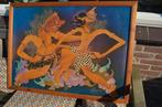 Grote gesigneerde batik 2 vechtende goden/demonen? Indonesie, Ophalen of Verzenden