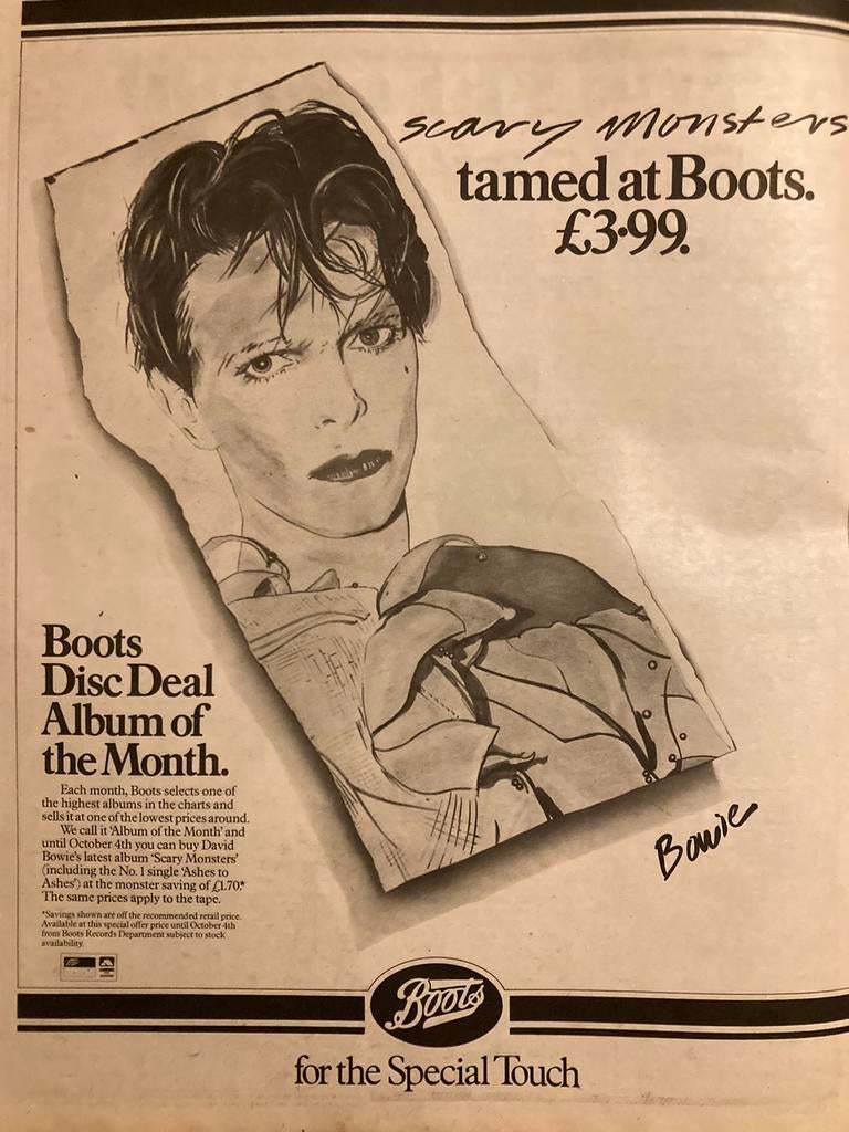 Paginagrote A3 advertentie DAVID BOWIE Scary Monsters releas, Ophalen of Verzenden