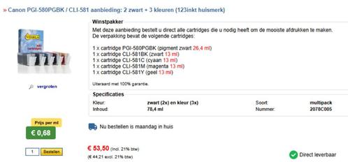 Inkt Cartridges 2 set's  Canon PGI-580BK/CL581 multipack, Computers en Software, Printerbenodigdheden, Nieuw, Cartridge, Ophalen