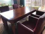 Mahonie houten tafel met 4 lederen stoelen, Ophalen, Zo goed als nieuw