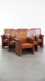 Karaktervolle vintage set van 6 schapenleren eetkamerstoelen, Huis en Inrichting, Stoelen, Ophalen, Gebruikt, Bruin, .