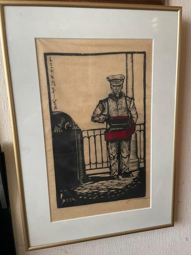 Jac De Beer Sneek oude houtsnede van Chinese pindaverkoper, Antiek en Kunst, Kunst | Etsen en Gravures, Verzenden