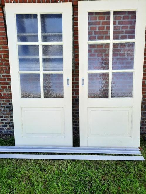 Stel merbau schuifdeuren 6 ruits met onderpaneel, Doe-het-zelf en Verbouw, Deuren en Horren, Gebruikt, Binnendeur, 200 tot 215 cm