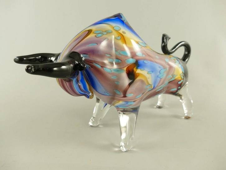 Murano Stijl Glazen Stier - Kleurrijk Decoratief Object, Antiek en Kunst, Antiek | Glas en Kristal, Ophalen of Verzenden