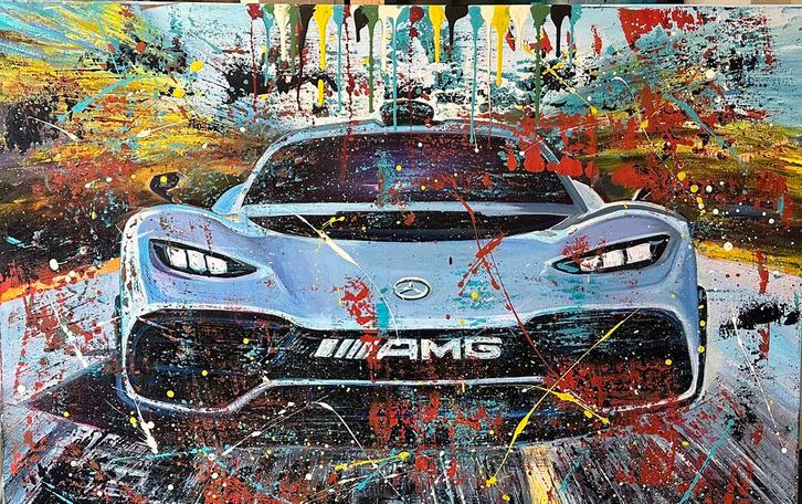 Alex L- Mercedes Benz AMG- Handgeschilderd (100%)- Uniek, Antiek en Kunst, Kunst | Schilderijen | Modern, Ophalen of Verzenden