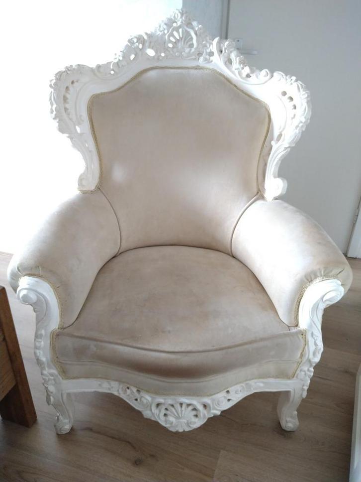 Barok Fauteuil Wit / Zand Creme stof, Huis en Inrichting, Fauteuils, Gebruikt, Hout, Stof, 50 tot 75 cm, 75 tot 100 cm, Ophalen