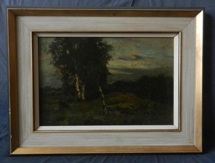Olieverf Drie Berkenbomen op de hei , ongesign. 19x29 cm., Antiek en Kunst, Kunst | Schilderijen | Klassiek, Ophalen of Verzenden