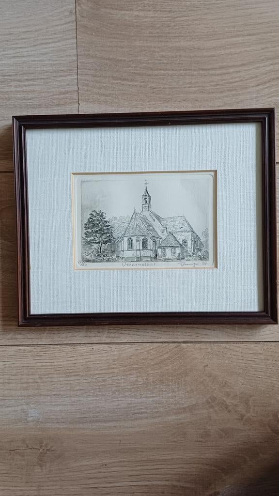 Gesigneerde ets: Oude Kerk in Veenendaal., Antiek en Kunst, Kunst | Etsen en Gravures, Ophalen of Verzenden