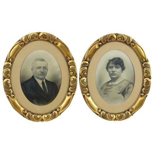 Koppel Antieke Portretten Ovale Lijsten Bladgoud ca 1900, Huis en Inrichting, Woonaccessoires | Lijsten, Gebruikt, 50 tot 75 cm