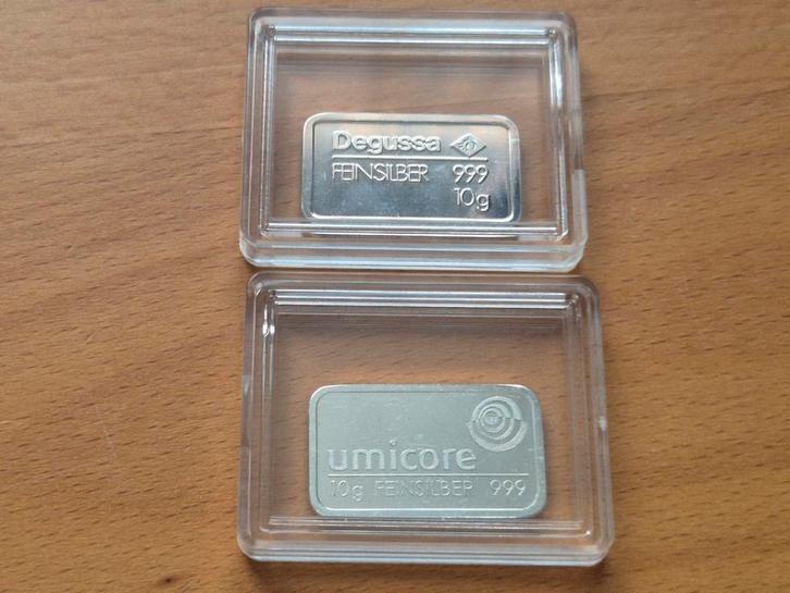 Umicore & Degussa 2 x 10 gram zilverbaar. Zilver investering, Postzegels en Munten, Edelmetalen en Baren, Zilver, Ophalen of Verzenden