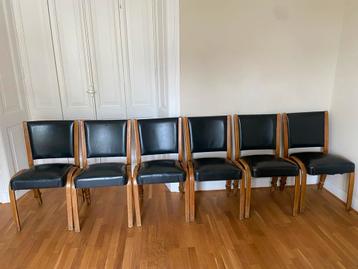 Boog-hout eetkamerstoelen in petrol blauw leer (6 stuks) beschikbaar voor biedingen