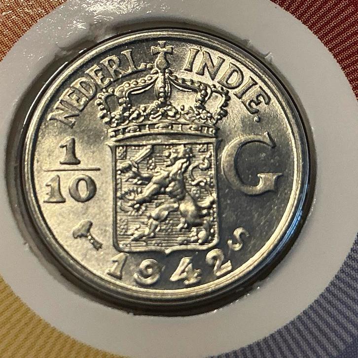 Coincard 1/10 Gulden Nederlands-Indië 1942S, Postzegels en Munten, Munten | Azië, Losse munt, Zuidoost-Azië, Zilver, Ophalen of Verzenden
