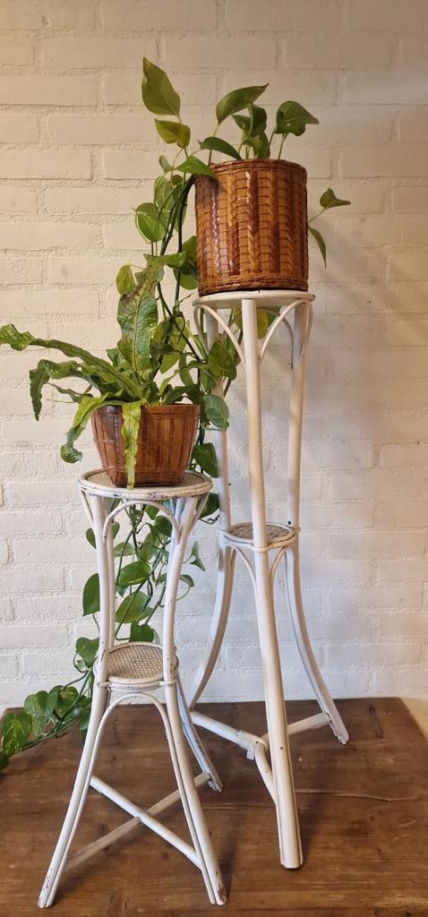 Set witte rotan plantentafeltjes, Huis en Inrichting, Woonaccessoires | Zuilen en Pilaren, Gebruikt, Ophalen of Verzenden