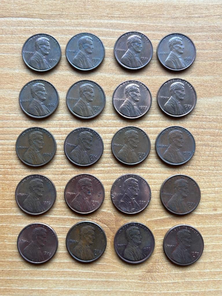 Complete set Amerikaanse pennies 1970 - 1979 uitgezonderd S, Ophalen of Verzenden, Noord-Amerika