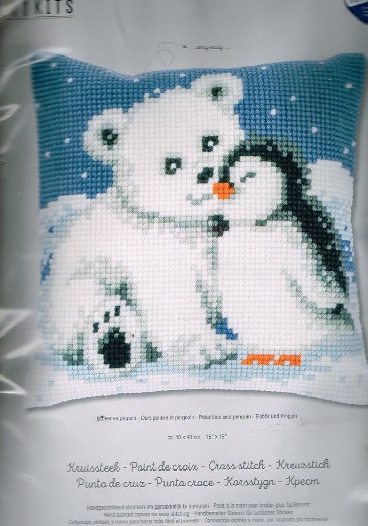 Cado vervaco borduurpakket  kussen ijsbeer met pinguin, Hobby en Vrije tijd, Borduren en Borduurmachines, Nieuw, Borduurpakket
